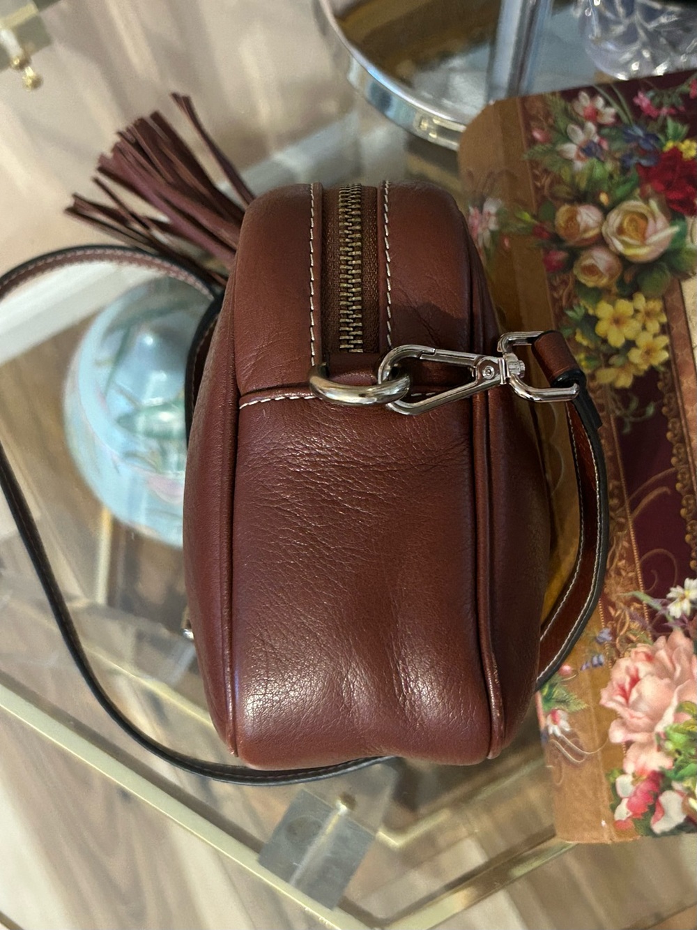 Mario Valentino Cognac Leather Quilted V Crossbody Bag with Fringe Tassel - Picture 8 of 14